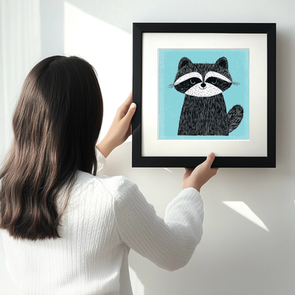 Cute Raccoon Kit Linoprint-Style Art (640-1)