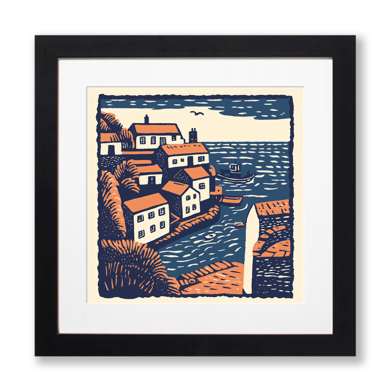 Porthleven, Cornwall Linoprint-Style Art (147-1)