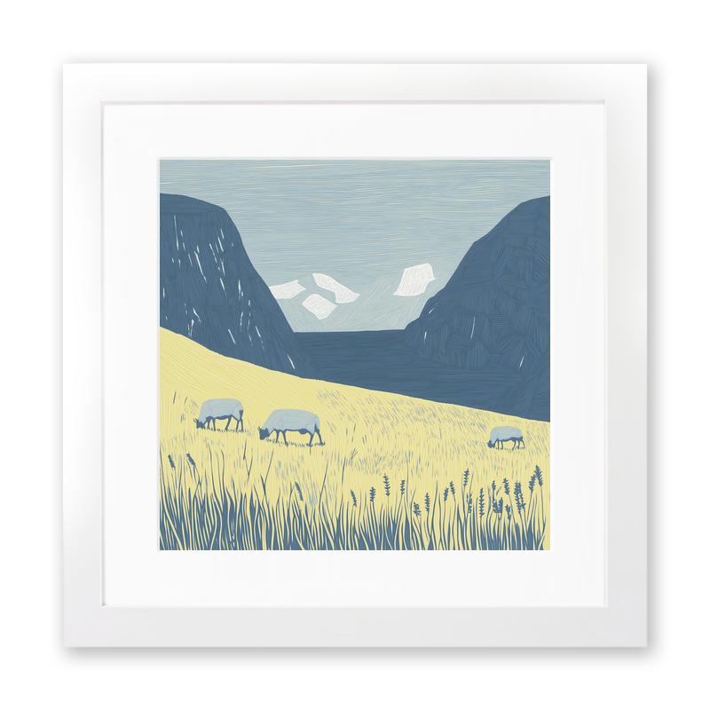 Sheep grazing below silhouetted crags Linoprint-Style Art (2541-3)