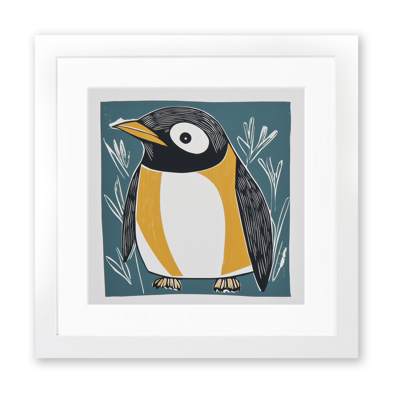 Cute Penguin Chick Linoprint-Style Art (1218-1)