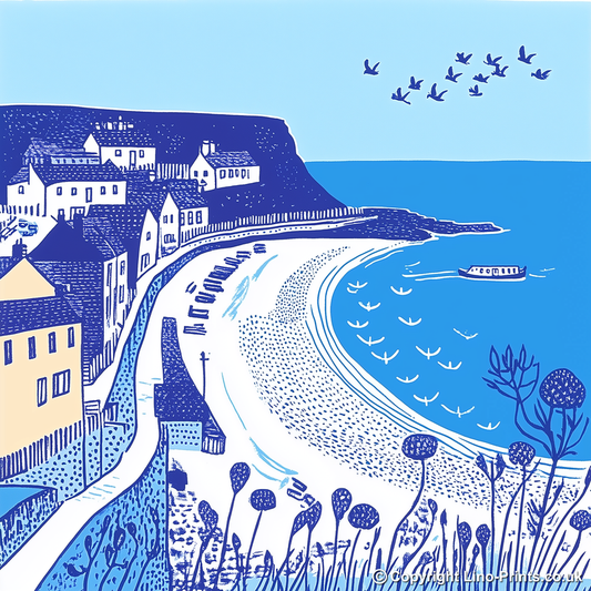 Saltburn-by-the-Sea, North Yorkshire Linoprint-Style Art (1105-1)