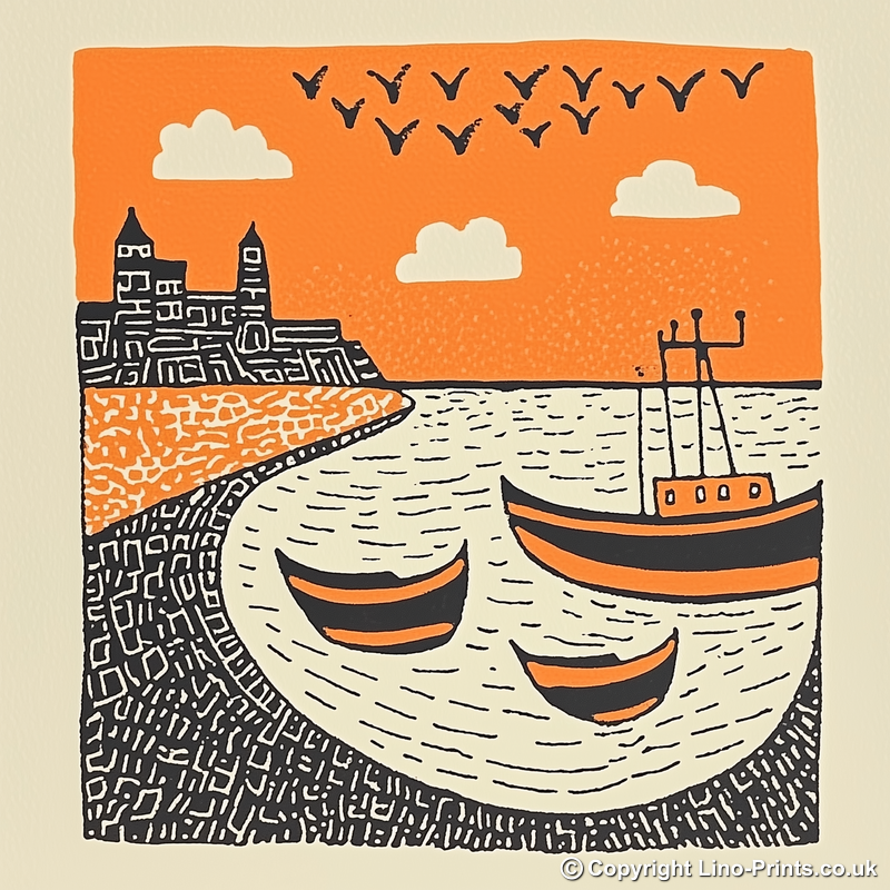 Brixham Harbour, Devon Linoprint-Style Art (289-1)