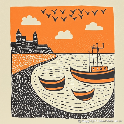 Brixham Harbour, Devon Linoprint-Style Art (289-1)