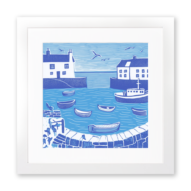 Mousehole Harbour Linoprint-Style Art (891-1)