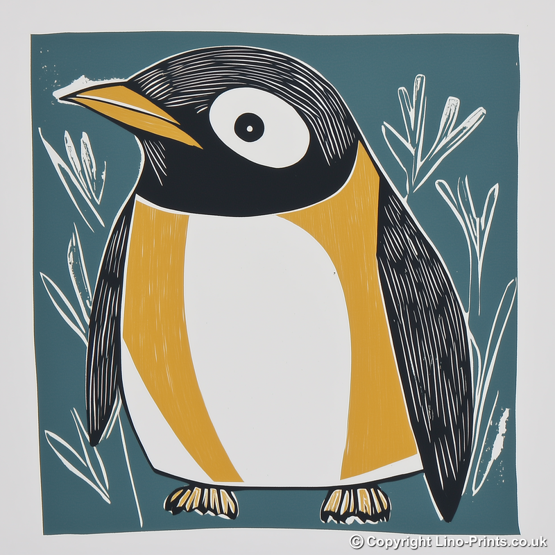 Cute Penguin Chick Linoprint-Style Art (1218-1)