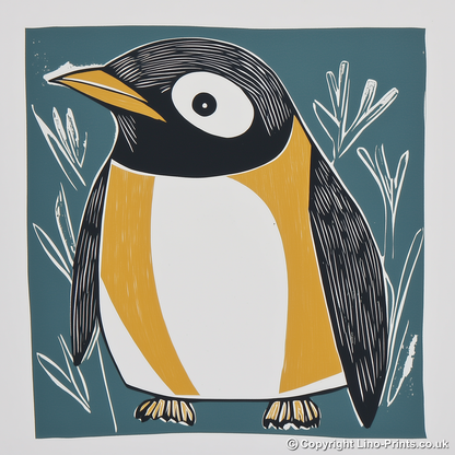 Cute Penguin Chick Linoprint-Style Art (1218-1)