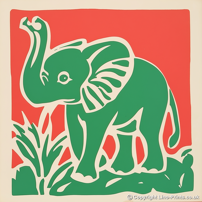 Cute Elephant Calf Linoprint-Style Art (378-1)