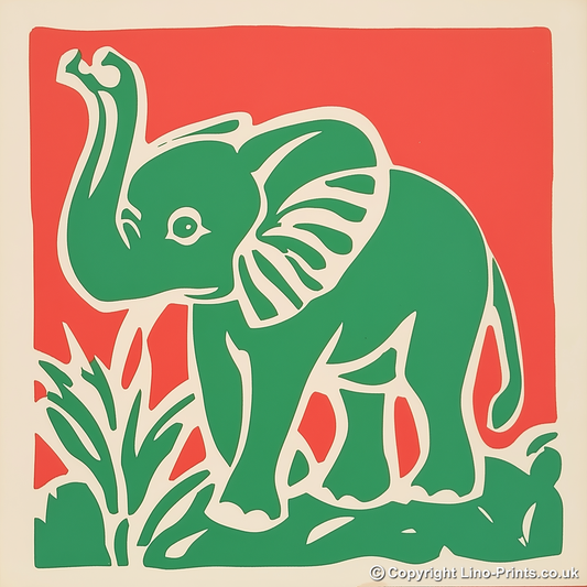Cute Elephant Calf Linoprint-Style Art (378-1)