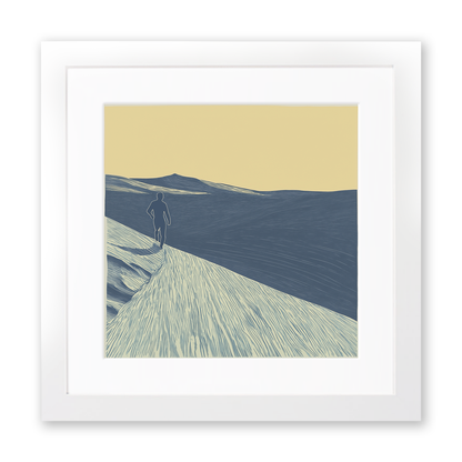 Fell runner silhouette descending slope Linoprint-Style Art (2426-1)