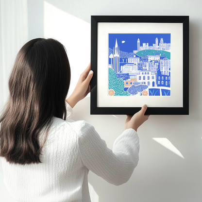 Barcelona skyline Linoprint-Style Art (838-1)
