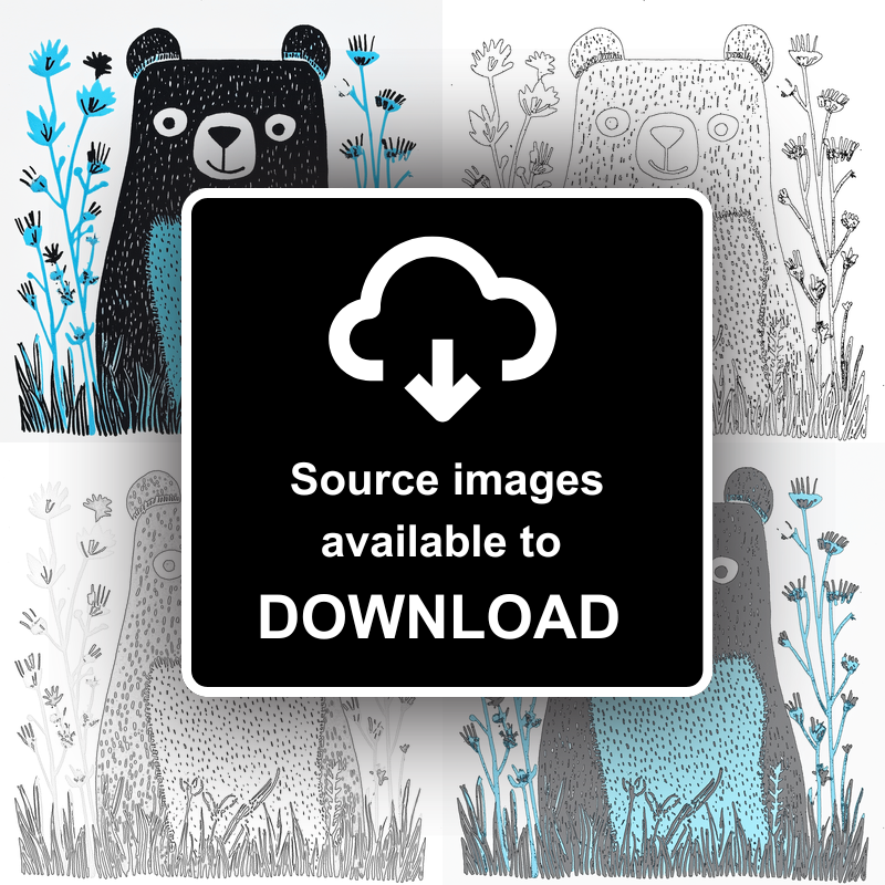 Cute Bear Cub Linoprint-Style Art (611-1)