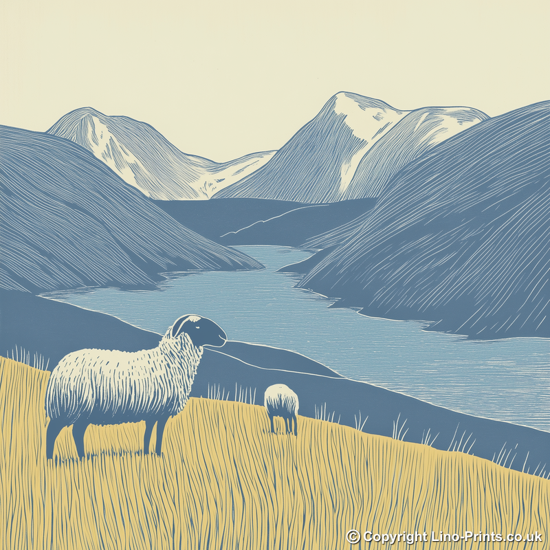 Herdwick sheep on a fellside Linoprint-Style Art (2448-1)