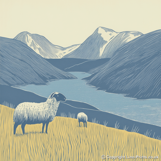 Herdwick sheep on a fellside Linoprint-Style Art (2448-1)