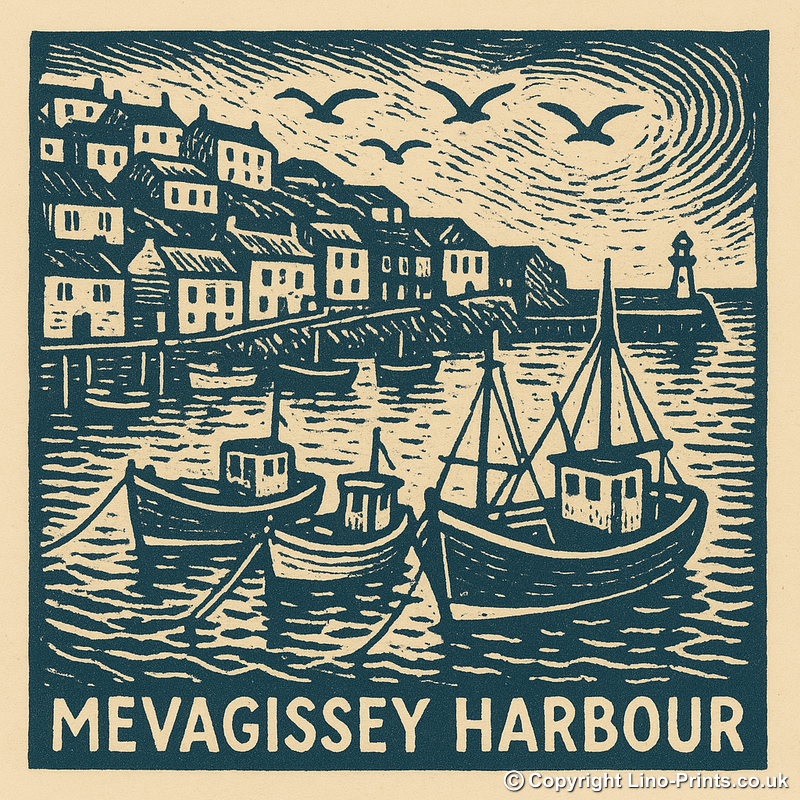 Mevagissey Harbour Linoprint-Style Art (c3)