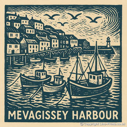 Mevagissey Harbour Linoprint-Style Art (c3)