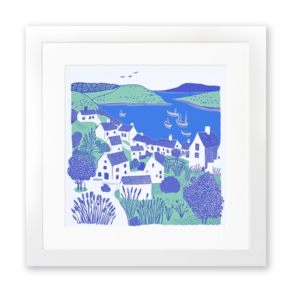 Village by the coast Linoprint-Style Art (978-1)