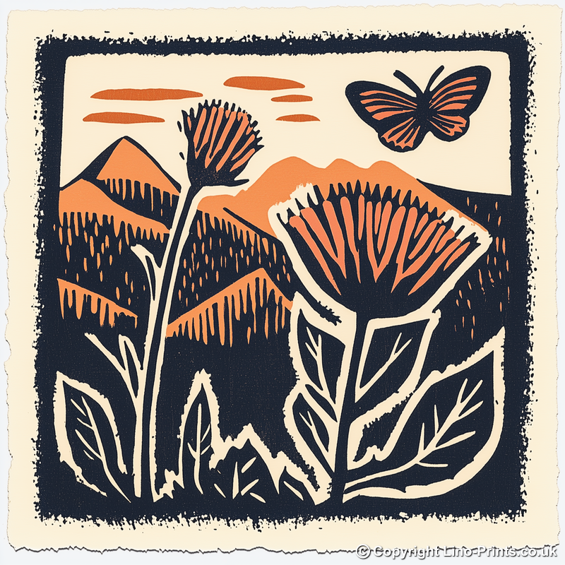 Thistle with butterfly Linoprint-Style Art (114-1)