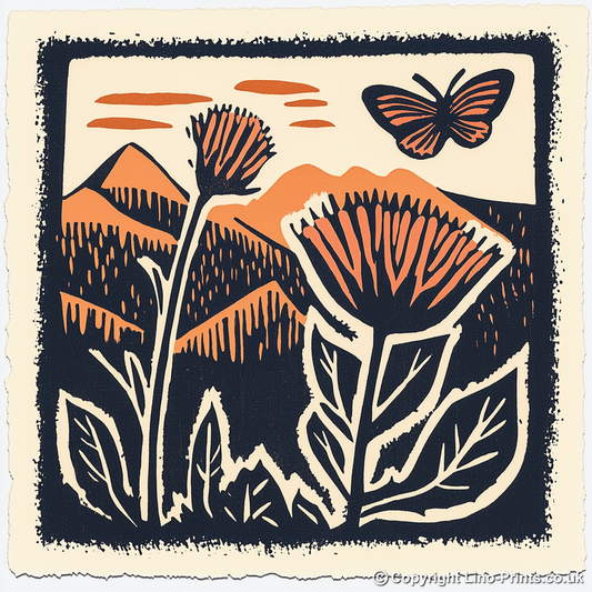 Thistle with butterfly Linoprint-Style Art (114-1)