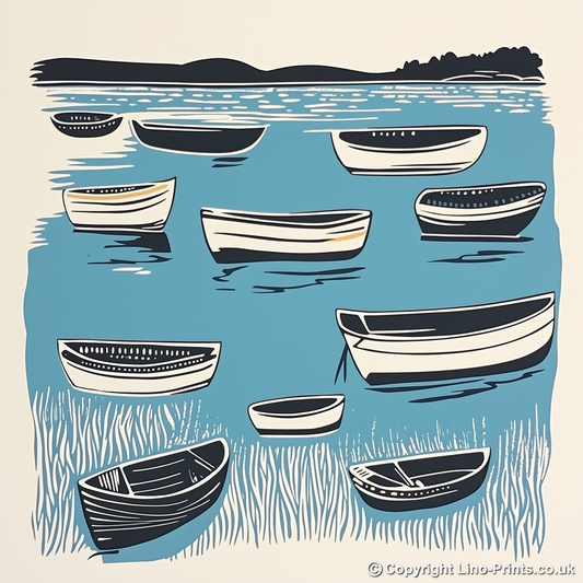 Reflections of boats in still harbour Linoprint-Style Art (1921-1)
