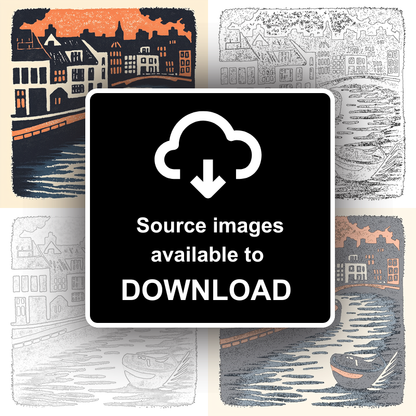 Amsterdam canal at twilight Linoprint-Style Art (2-1)