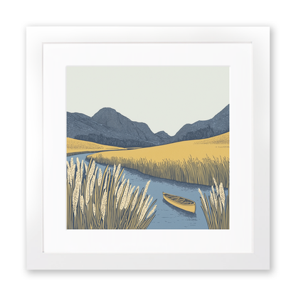 Canoe in reeds at Elterwater Linoprint-Style Art (2380-1)
