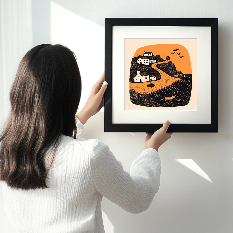 Coverack, Cornwall Linoprint-Style Art (292-2)
