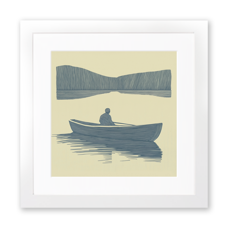 Person rowing boat with reflections Linoprint-Style Art (2498-5)