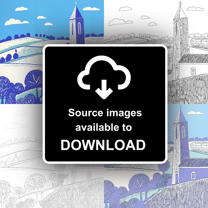 Church tower rising from flat fields Linoprint-Style Art (1769-1)