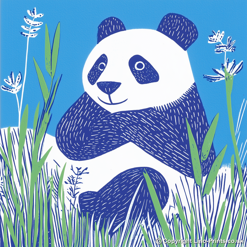 Cute Panda Cub (Giant Panda) Linoprint-Style Art (926-1)