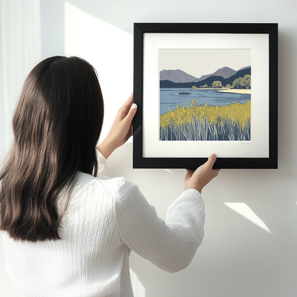 Keswick launch crossing Derwentwater Linoprint-Style Art (2470-2)