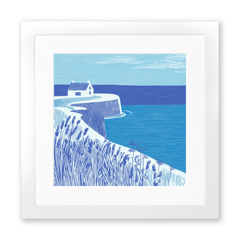 Coastguard lookout on cliff top Linoprint-Style Art (1772-1)