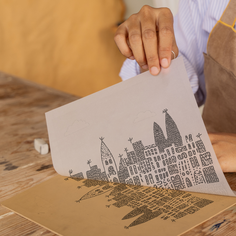 Barcelona skyline Linoprint-Style Art (547-1)