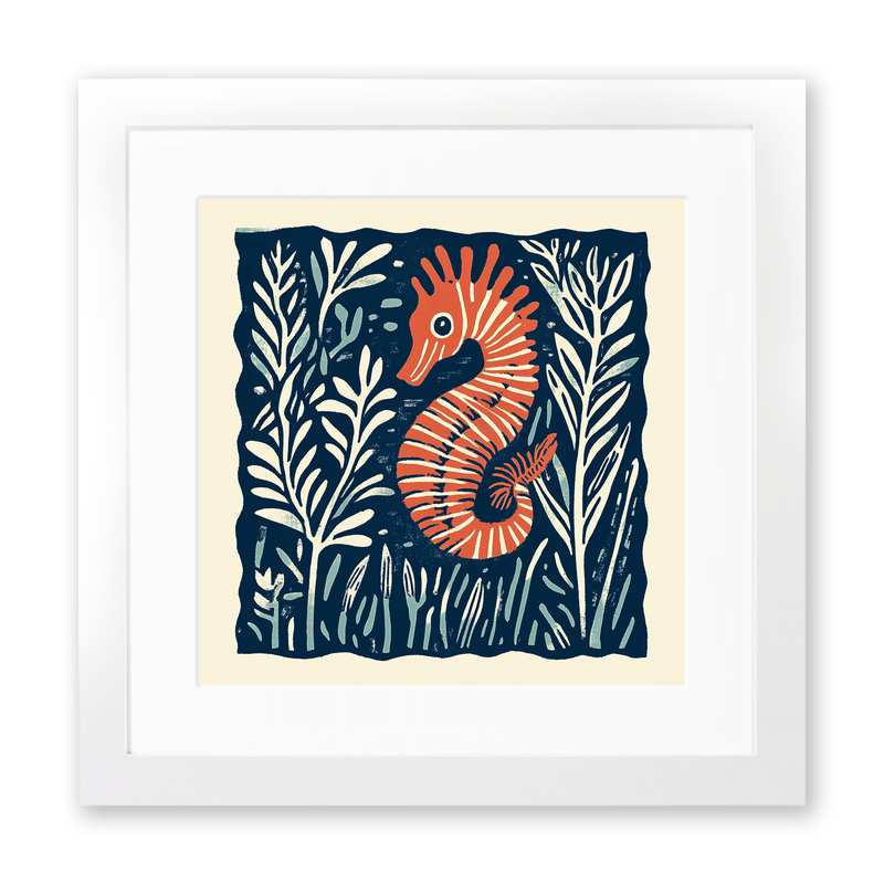 Seahorse in seaweed Linoprint-Style Art (109-1)