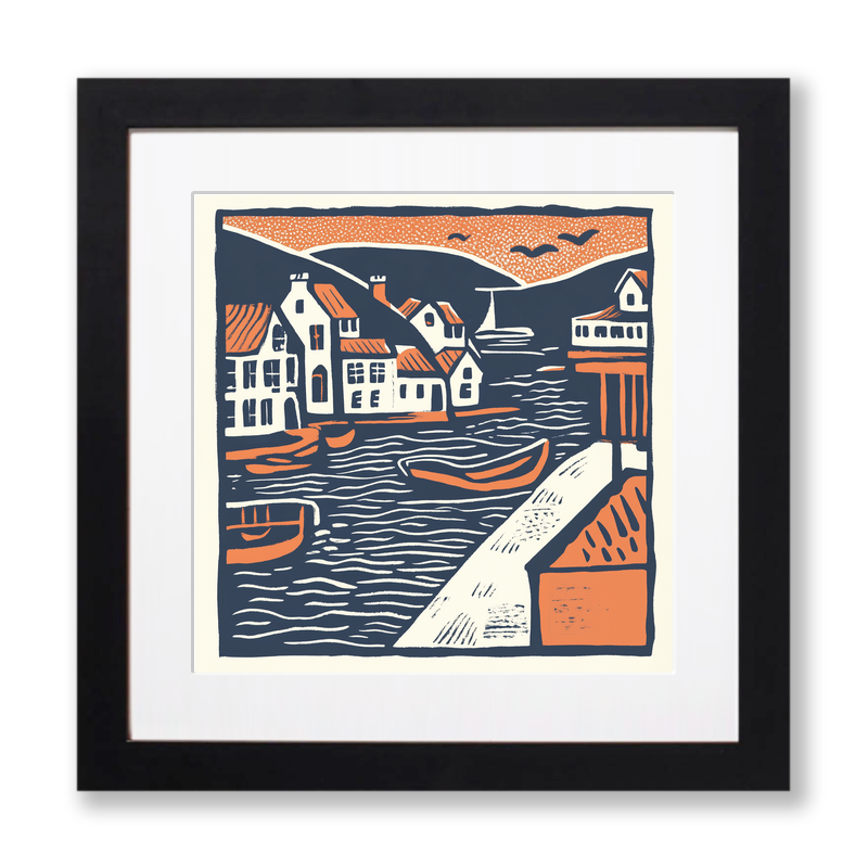 Looe Harbour, Cornwall Linoprint-Style Art (138-3)