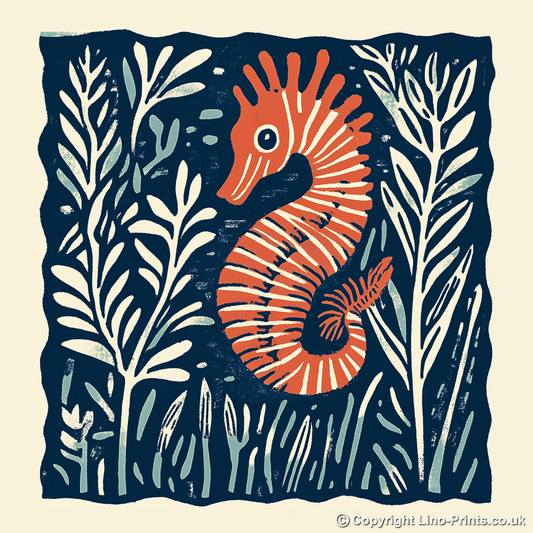 Seahorse in seaweed Linoprint-Style Art (109-1)
