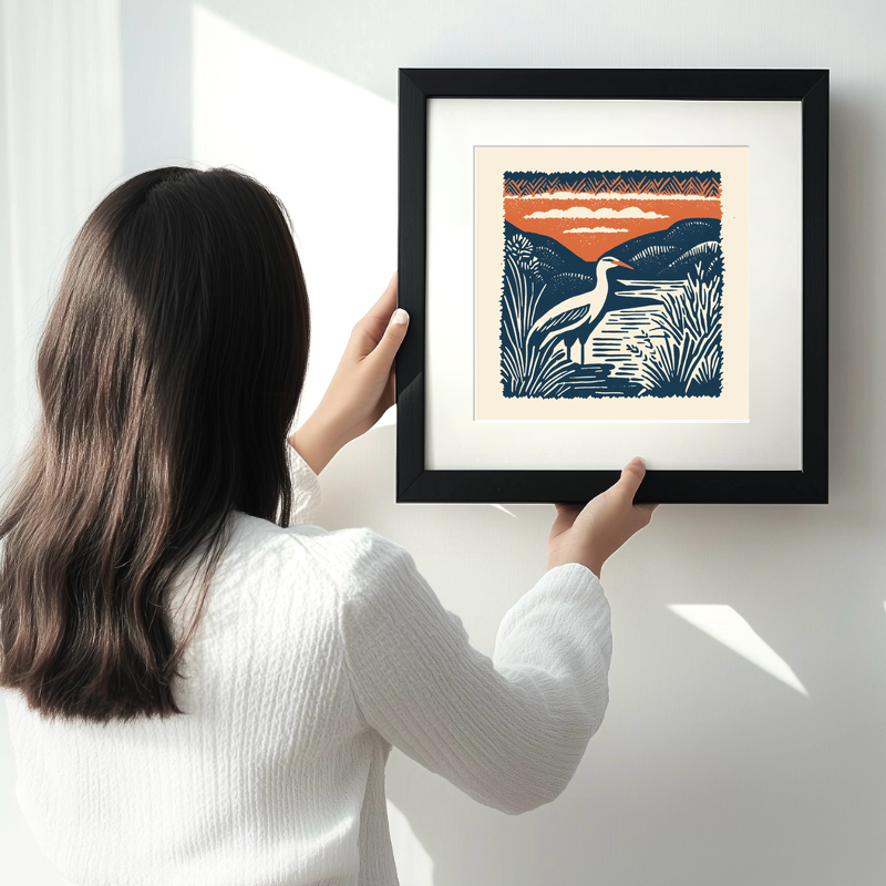 Heron in marshland Linoprint-Style Art (95-2)