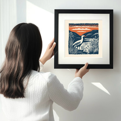 Heron in marshland Linoprint-Style Art (95-2)