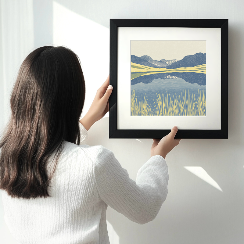 Blea Tarn reflections of Langdales Linoprint-Style Art (2362-3)