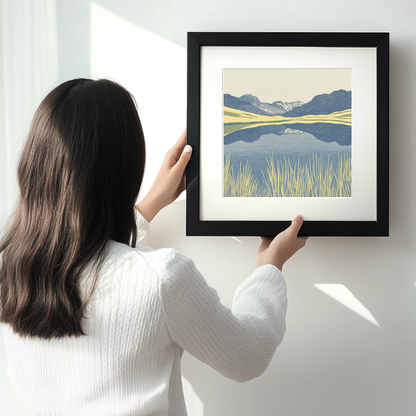 Blea Tarn reflections of Langdales Linoprint-Style Art (2362-3)