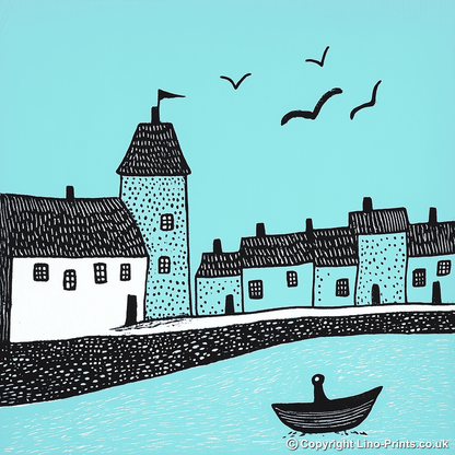 Mevagissey Harbour, Cornwall Linoprint-Style Art (804-1)