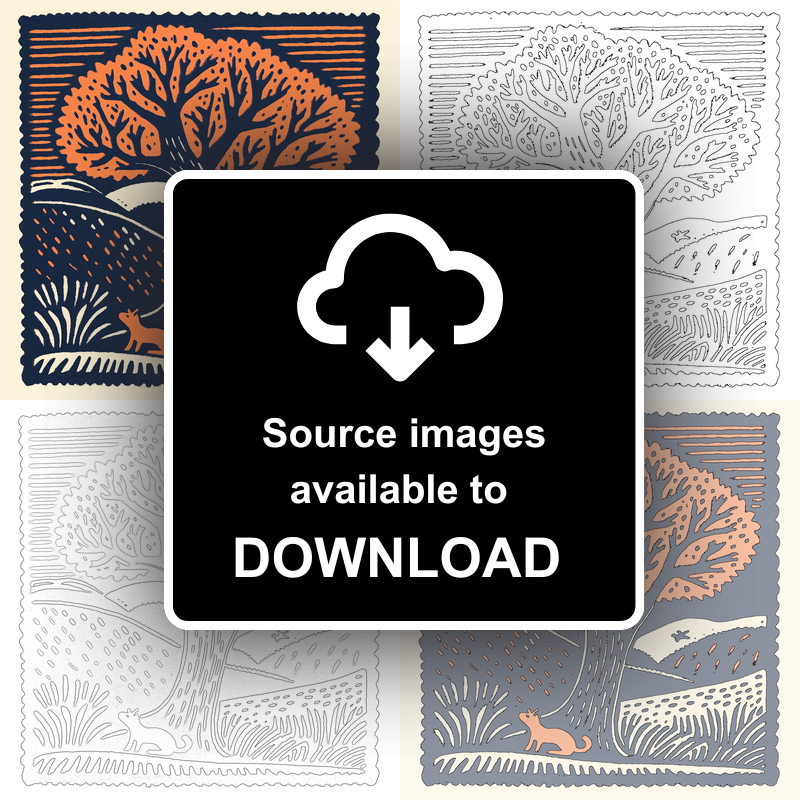 Oak tree with squirrel Linoprint-Style Art (102-1)
