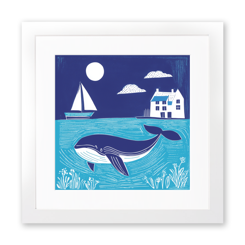 Whale Linoprint-Style Art (1072-1)