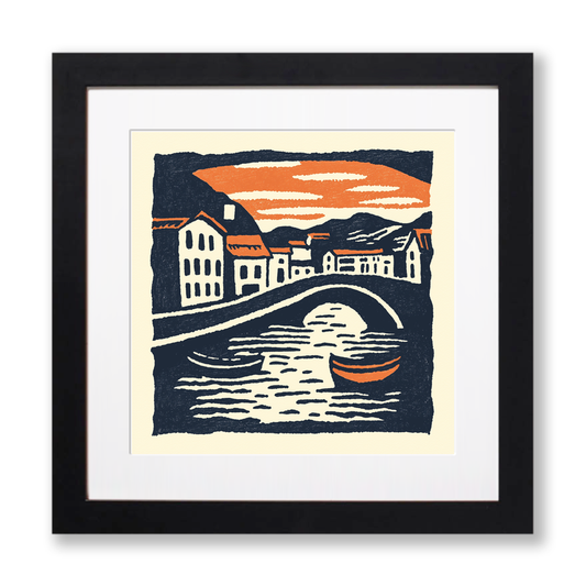 Amsterdam canal at twilight Linoprint-Style Art (2-3)