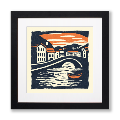 Amsterdam canal at twilight Linoprint-Style Art (2-6)