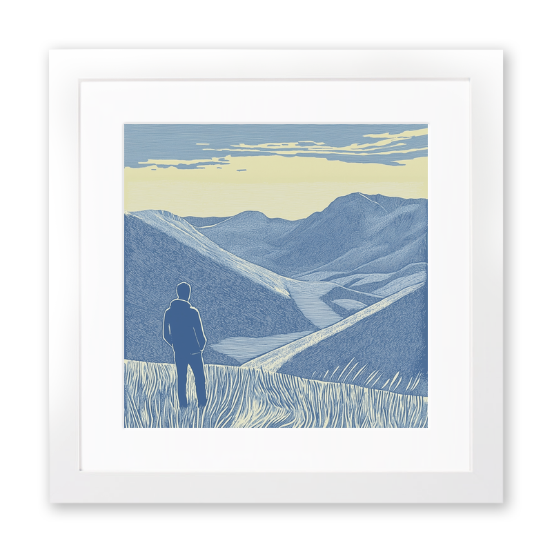 Hiker silhouette watching sunset over fells Linoprint-Style Art (2455-2)