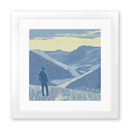 Hiker silhouette watching sunset over fells Linoprint-Style Art (2455-2)