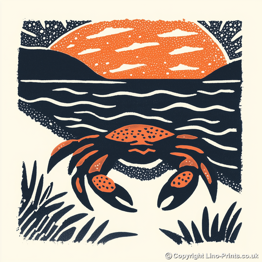 Crab on sand Linoprint-Style Art (88-1)