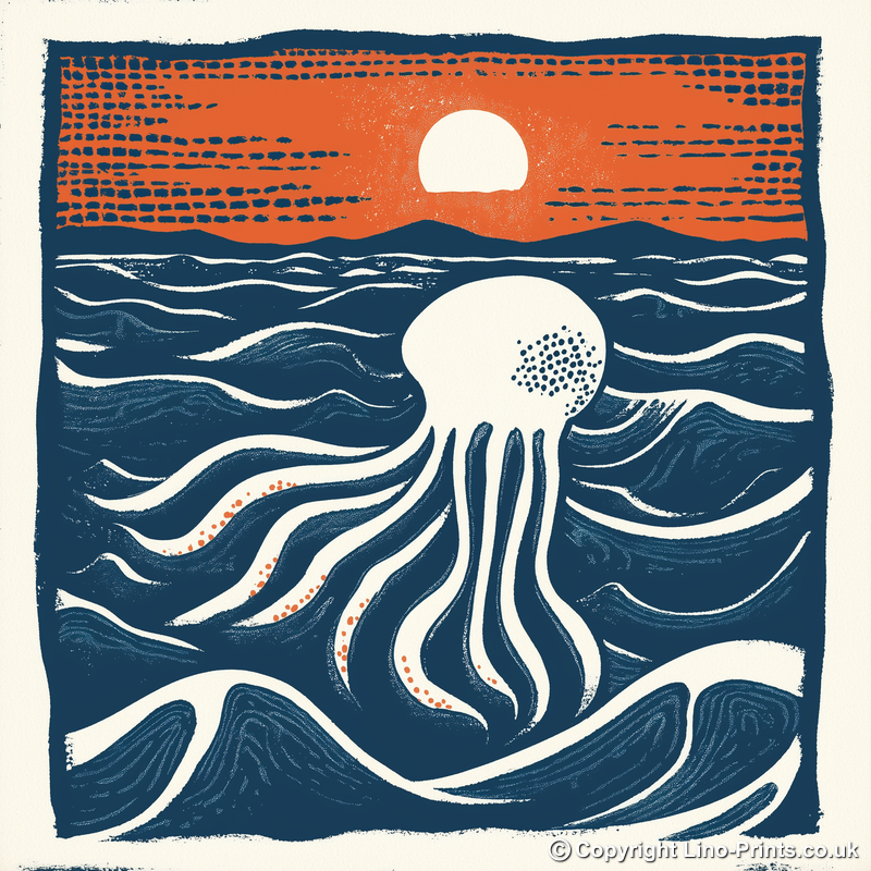 Jellyfish drifting in deep water Linoprint-Style Art (96-1)