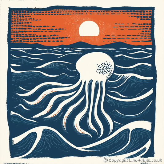 Jellyfish drifting in deep water Linoprint-Style Art (96-1)