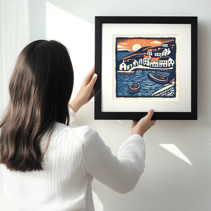 Mousehole Harbour, Cornwall Linoprint-Style Art (142-1)